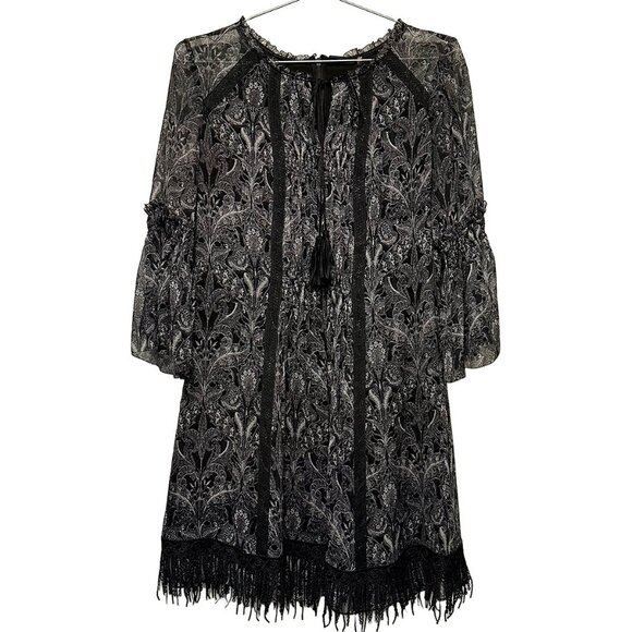 ELIE TAHARI Tie Front‎ Mini Tunic Dress, EUC, Size 4, 100% Silk, black, fringe - Picture 1 of 14